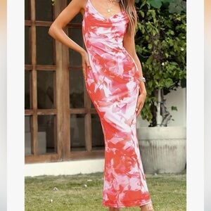 Sleeveless Spaghetti Strap Pink & Coral Floral Maxi Wedding Bridesmaid dress